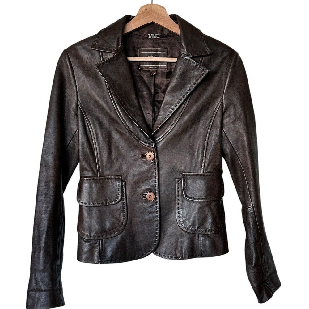 MNG by Mango Brown Leather jacket Y2K distressed collared blazer size 4